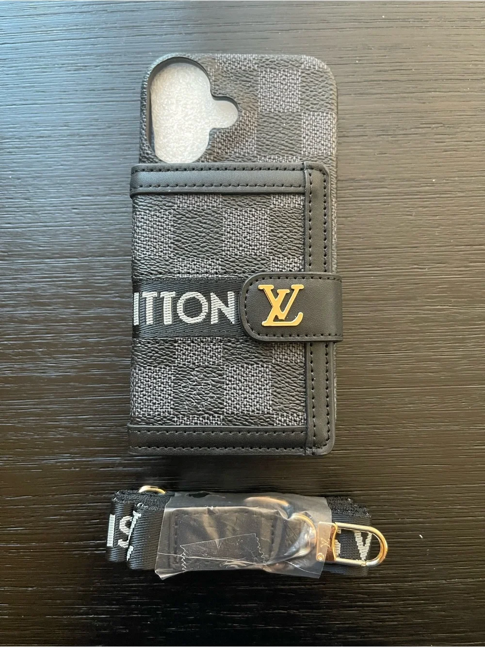 iPhone 16 Regular Crossbody Black and Gray Phone Wallet Phone Case